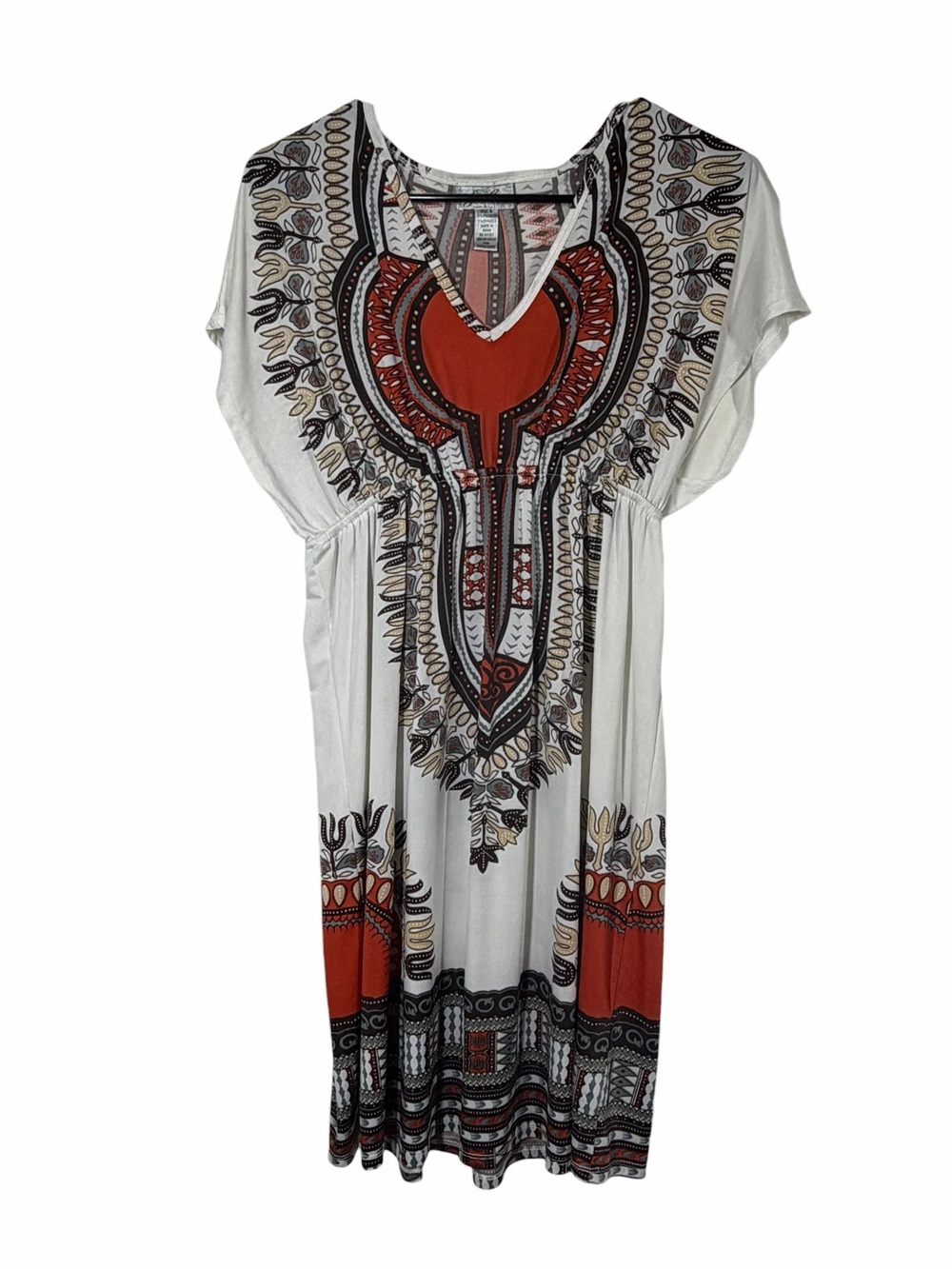 Boho Printed V-Neck Midi Dress in White & Rust